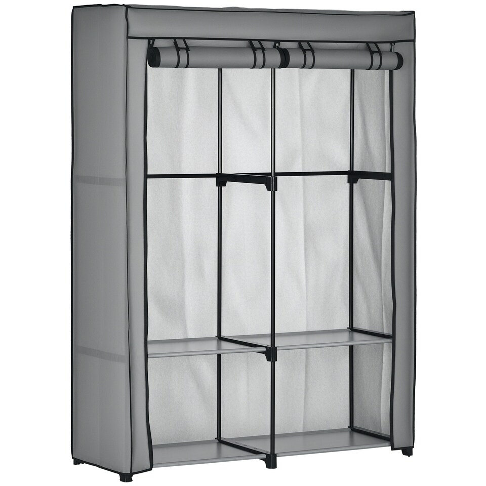 image 1 of HOMCOM Fabric Wardrobe w/ 4 Shelves 2 Hanging Rails Foldable Closets Light Grey