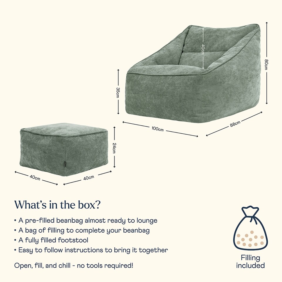 image 1 of Natalia Chenille Adults Bean Bag Armchair and Pouffe, Ready Filled Large Beanbag and Footstool Sage Green | Green | Sage Green | 2