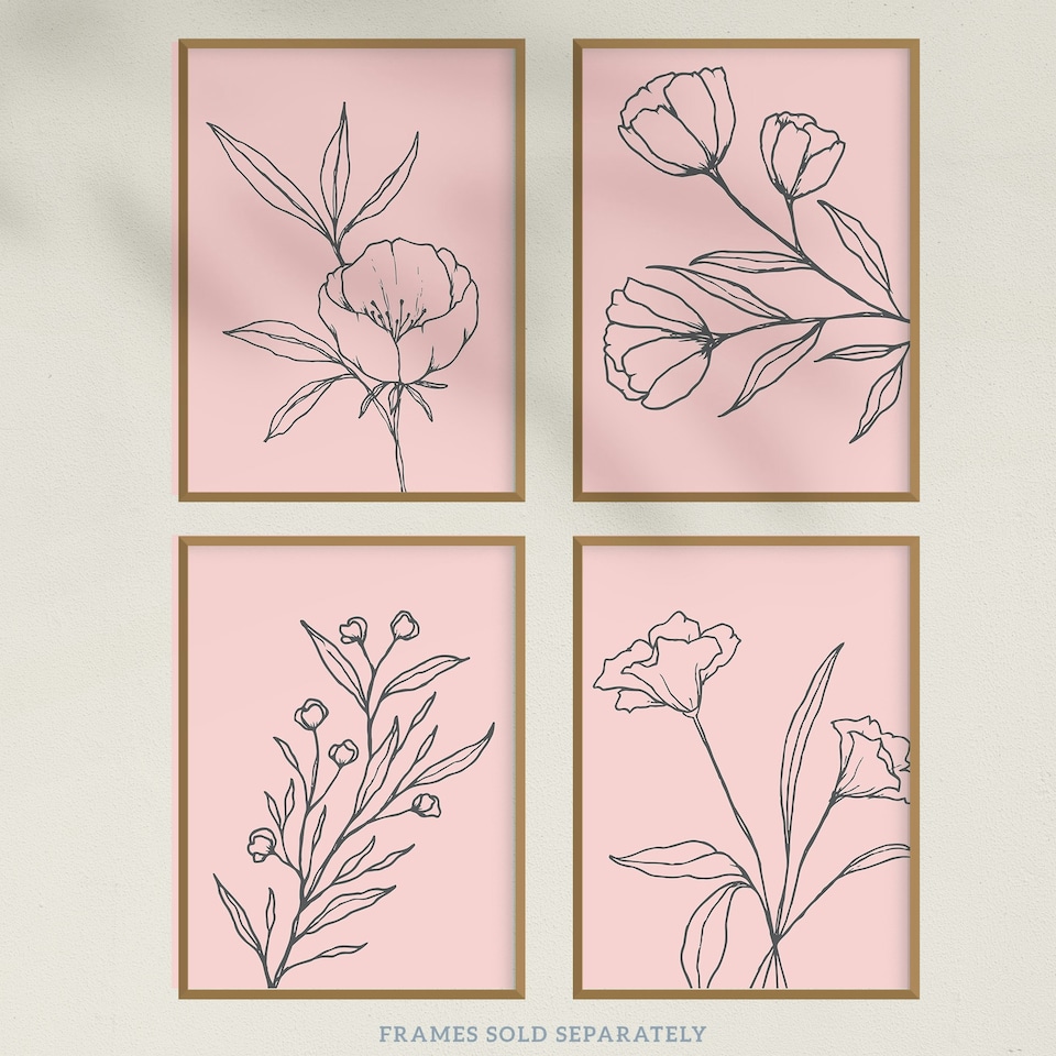image 1 of Set of 4 Minimalist Wildflower Outline Black Pastel Pink Simple Floral Wall Art Prints 12x16 Inch