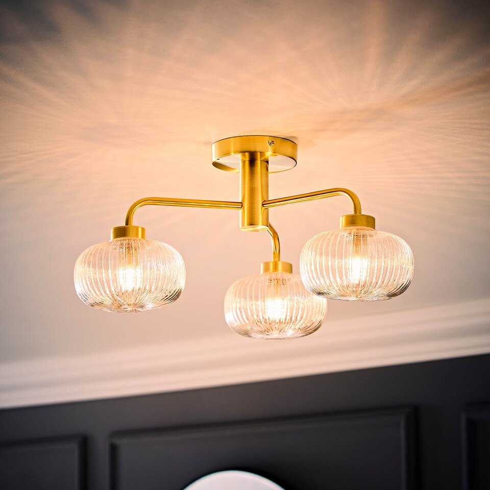 image 1 of ValueLights Amaia Gold IP44 3 Way Clear Ribbed Glass Ceiling Light & Bulbs | Gold