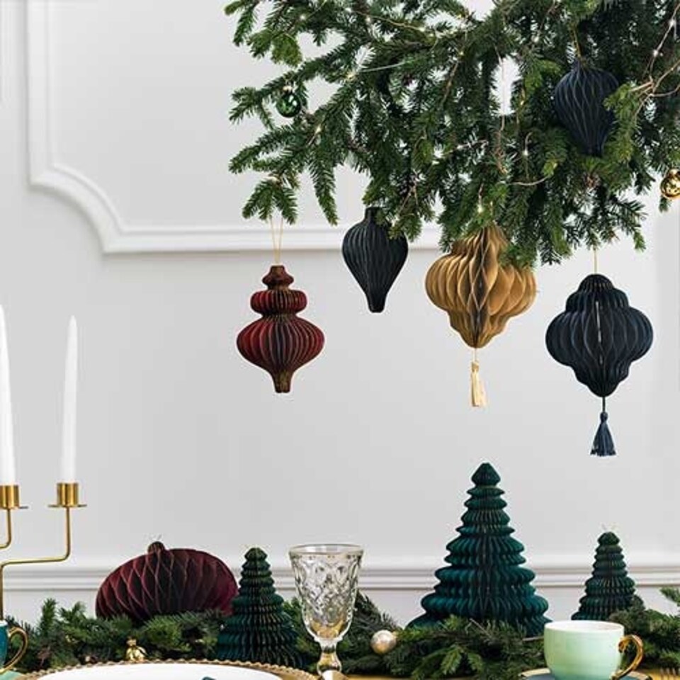 image 1 of Navy Blue Honeycomb Lantern with Tassel Hanging Paper Bauble Decoration 15cm