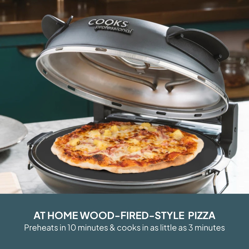 image 1 of Cooks Professional Electric Pizza Oven with Stone Base, Window, Paddles & Baking Sheet | Grey