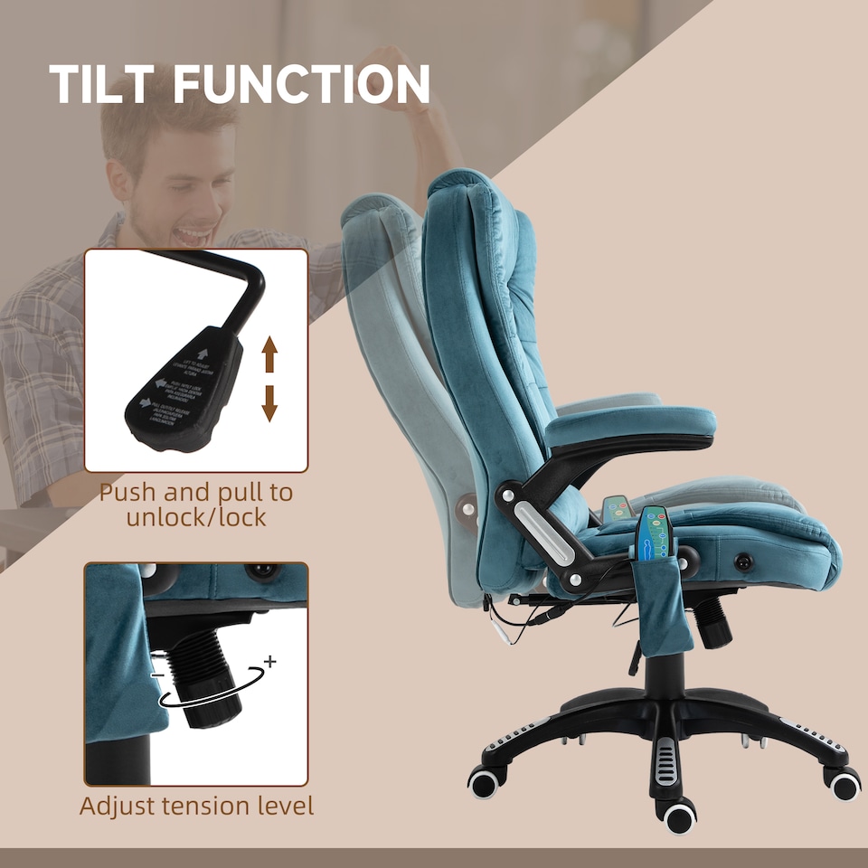 image 1 of Vinsetto Office Chair, Desk Chair with 6-Point Massage and Back Heated, Velvet-Feel Fabric Computer Chair with Arms, Lumbar Support, Blue