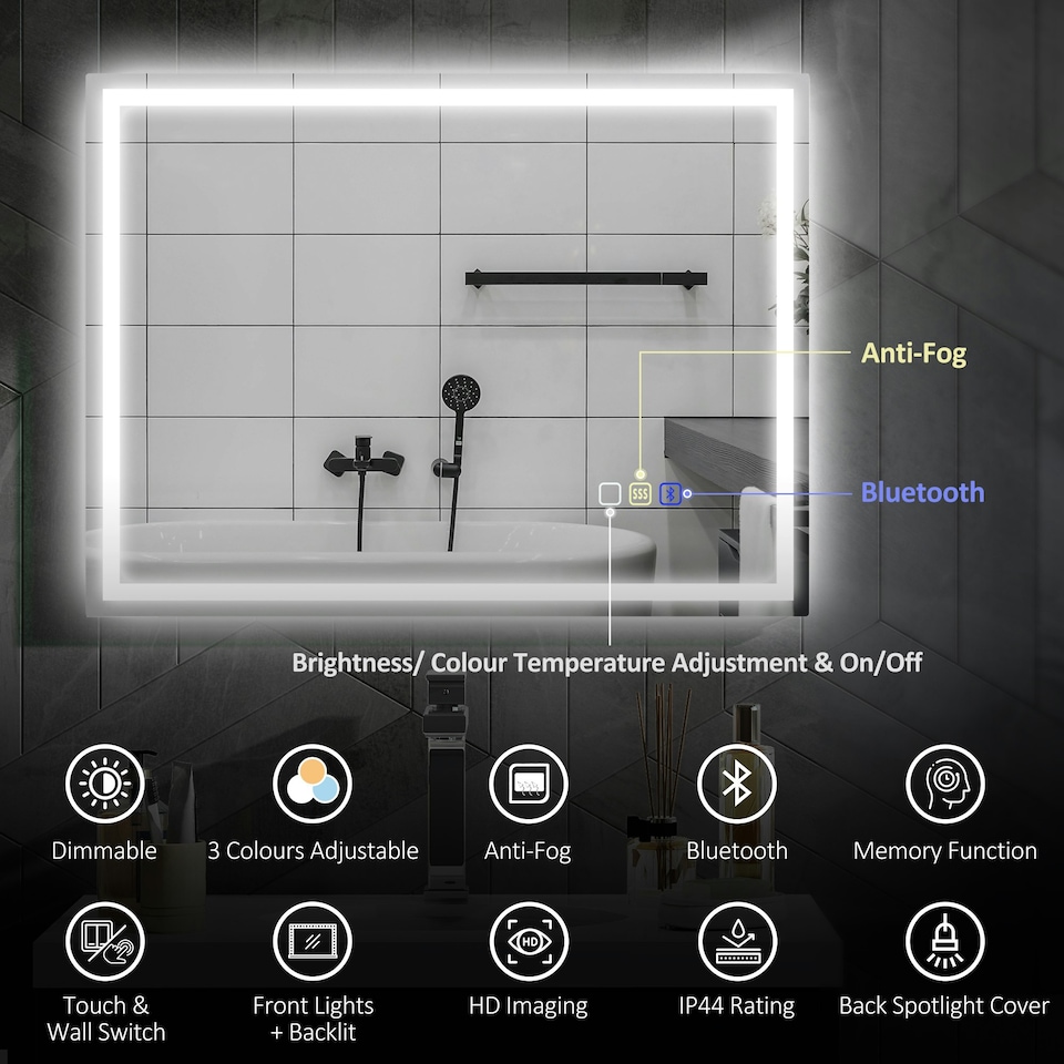 image 1 of HOMCOM 600 x 800 mm Bathroom Mirror with Bluetooth Lights Demister Pad | Silver