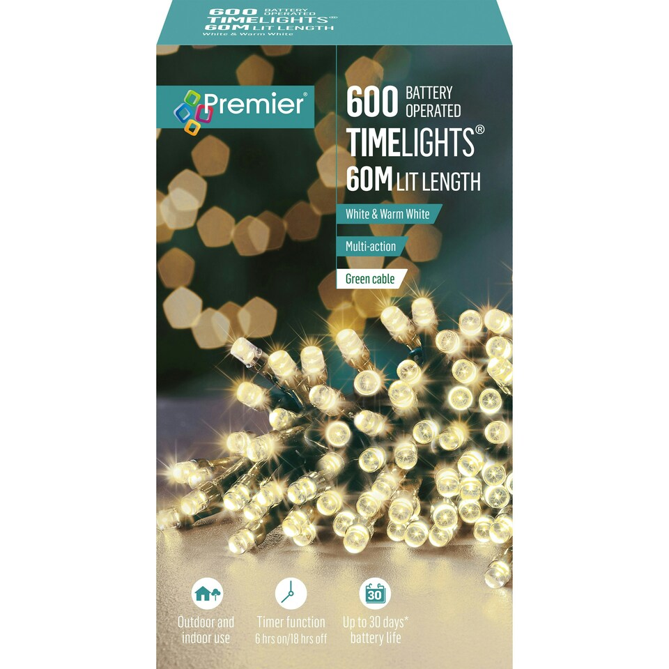 image 1 of Premier TimeLights 600 LED Lights White & Warm White 60m Green / White & Warm White LEDs