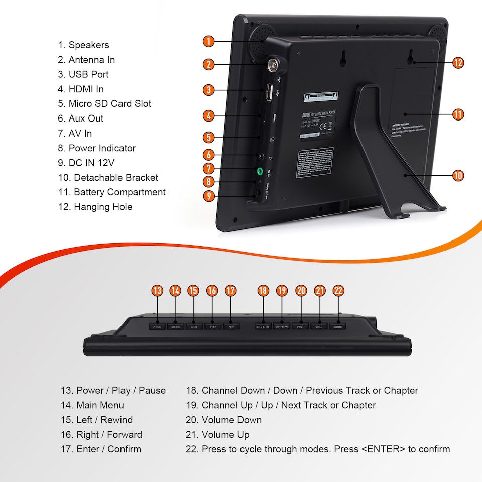 image 1 of 10 Inch Portable Freeview TV & Multimedia Player, USB PVR Recording, EPG, Subtitles - Battery or Mains Powered - August DA100D