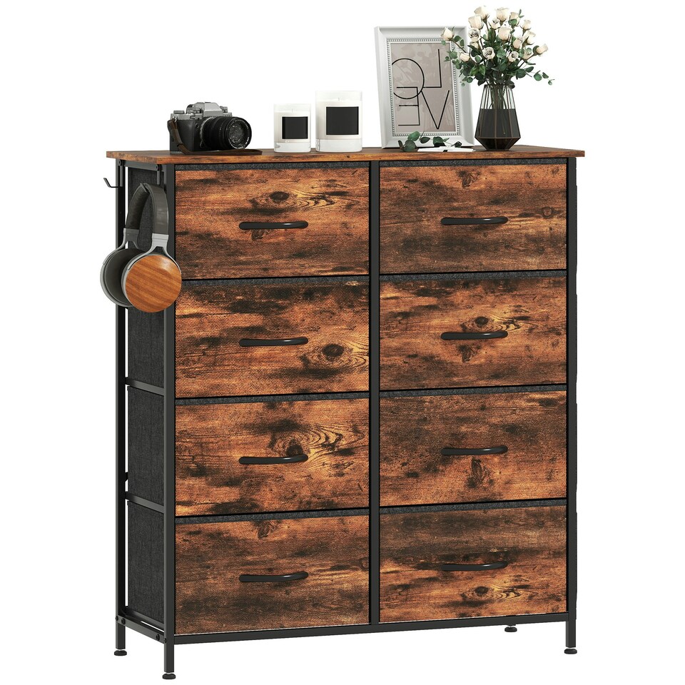image 1 of HOMCOM Fabric Chest of Drawers, 8 Drawer Dresser for Bedroom, Rustic Brown Brown | Black