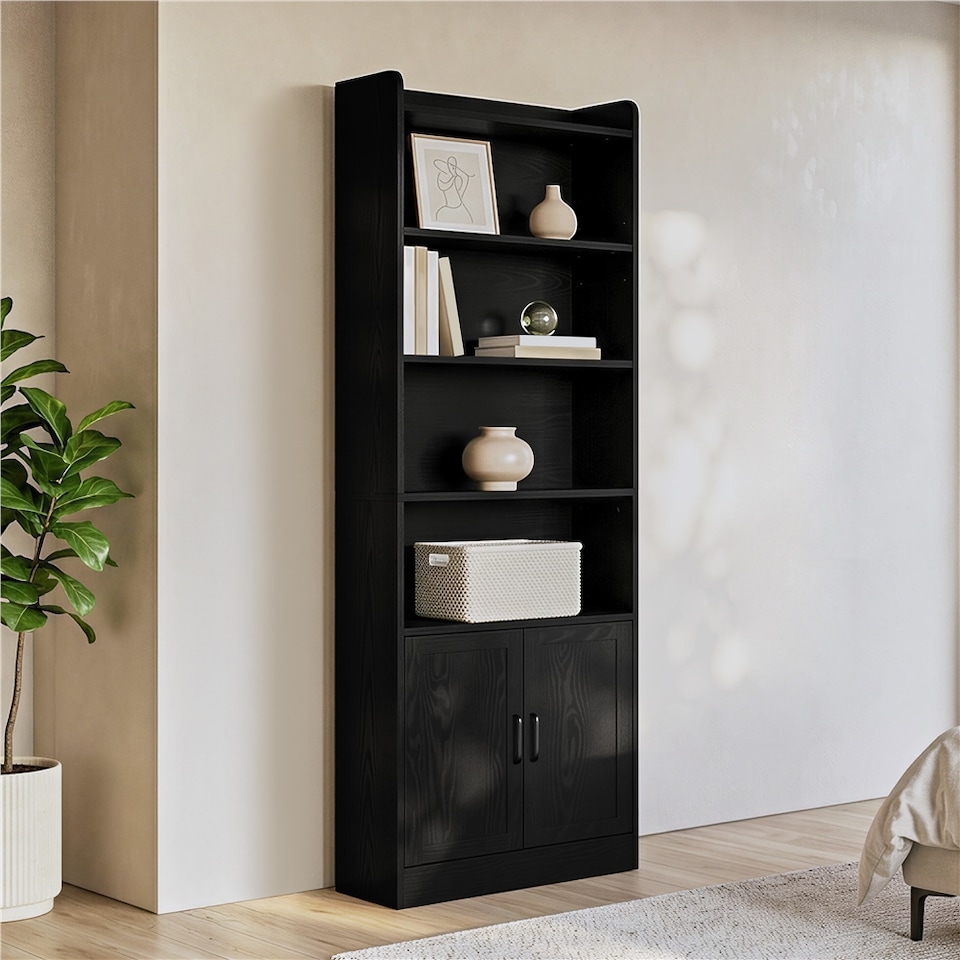 image 1 of Yaheetech 7-Tier Tall Bookcase with 2-Door Cabinet-Black