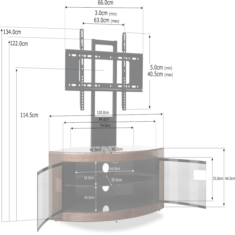 image 1 of Centurion Supports PANGEA Black/Walnut Beam-Thru Curved True-Corner 32"-50" TV Cabinet with Mounting Arm Black | Walnut