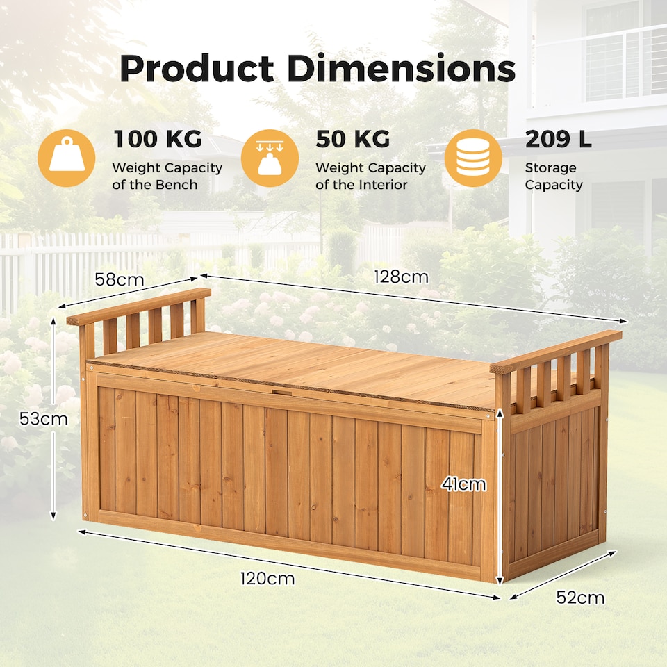 image 1 of COSTWAY Outdoor Wood Storage Bench 209 L Large Storage Deck Box w/ Armrests