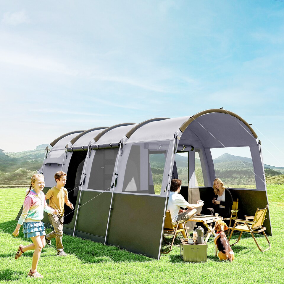image 1 of Outsunny 8-Person Camping Tent Tunnel Design with 4 Large Windows Dark Grey