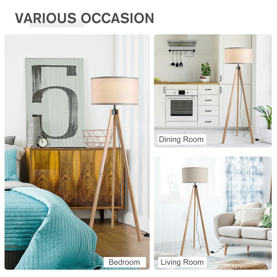 image 1 of HOMCOM Wood Tripod Floor Lamp Home Lighting Elegant E27 Bulb Linen Shade Beige