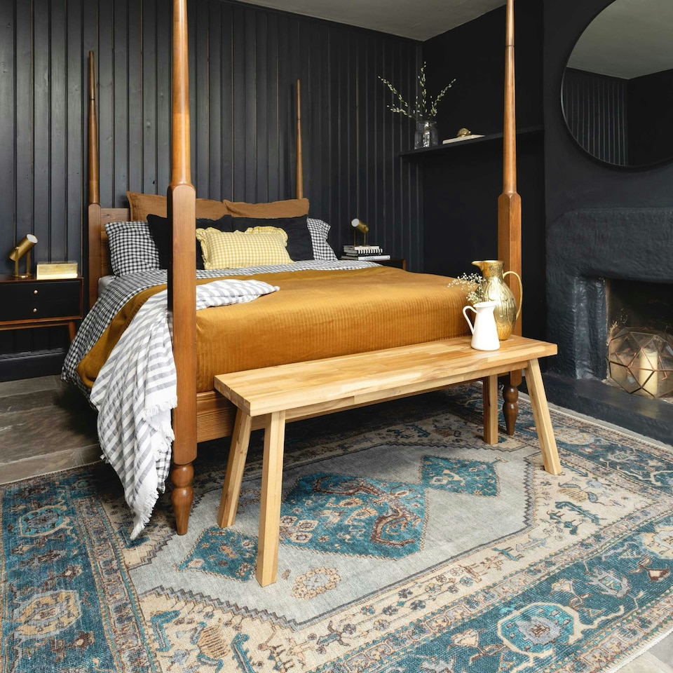image 1 of KUKOON Teal Blue Distressed Bordered Medallion Non Slip Washable Low Pile Rug 160cm x 230cm
