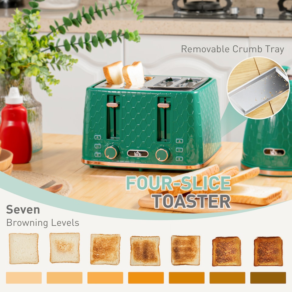 image 1 of HOMCOM Kettle and Toaster Set, 1.7L 3000W Fast Boil Jug Kettle with Auto Shut Off, 4 Slice Toaster with 7 Level Browning Controls & Crumb Tray, UK Otter Thermostat, Green