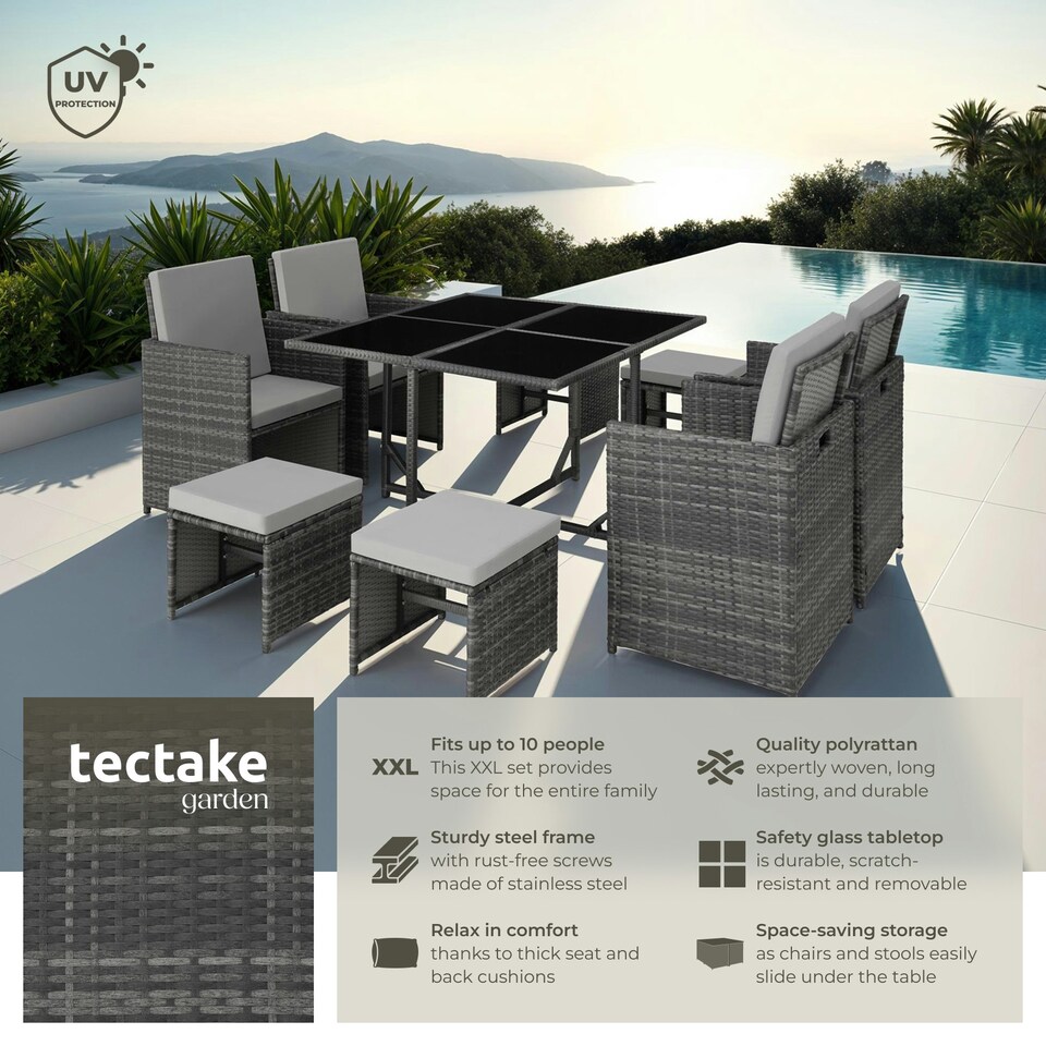 image 1 of Garden Table and Chairs Bilbao - 8 seats, weather & UV-resistant, rain cover - Grey