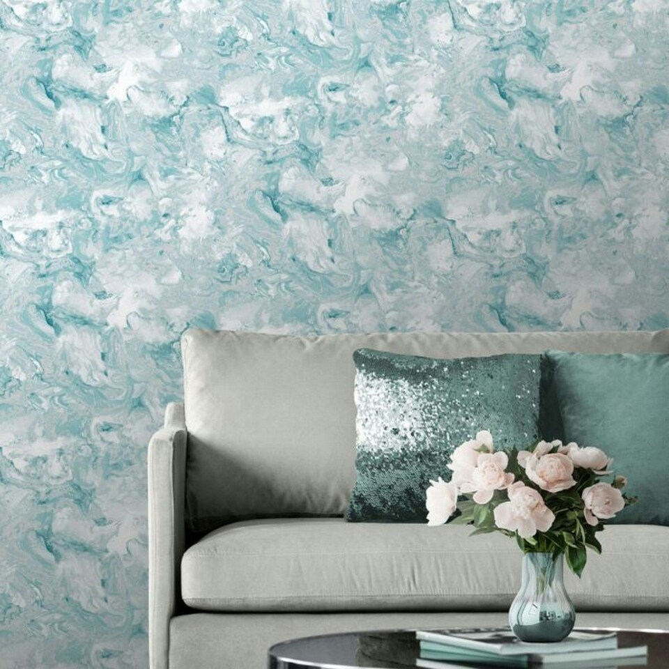 image 1 of Muriva Elixir Marble Wallpaper - Teal/Silver - 10m x 53cm Green