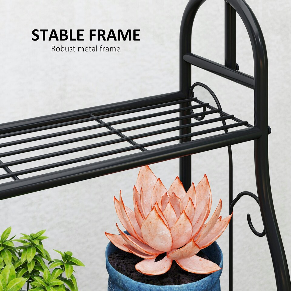 image 1 of Outsunny 3 Tier Plant Stand w/ Hanging Hooks for Balcony Living Room, Black Black