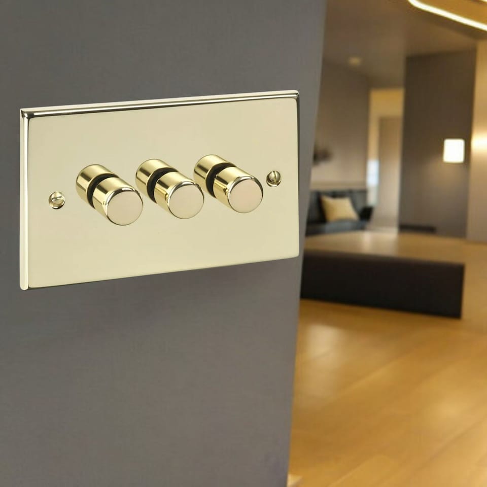 image 1 of Volex Crabtree Brass Gold 3-Gang Dimmer Light Switch