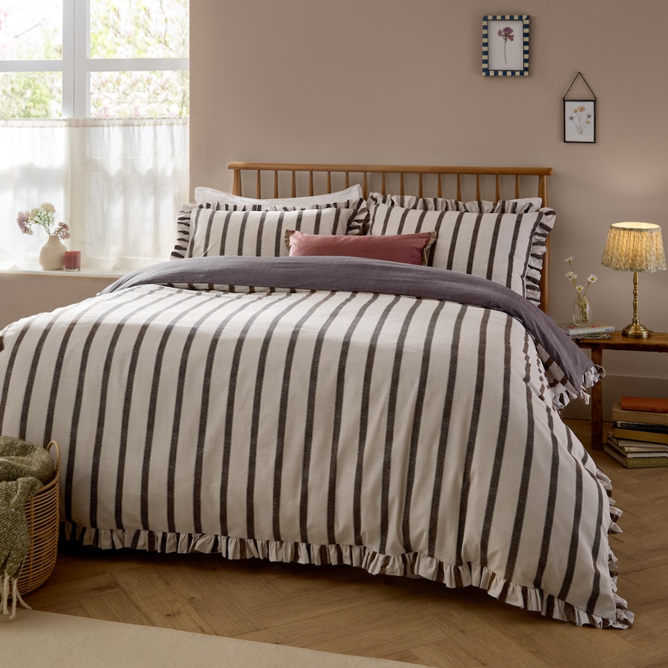 image 1 of Wylder Connie Striped Ruffle Duvet Cover Set | Brown | Chocolate | King | 1