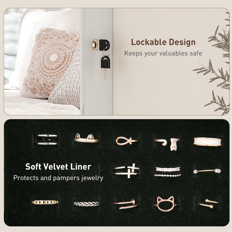 image 1 of HOMCOM Jewellery Cabinet with LED Lights, Door Hanging or Wall Mounted Full Length Mirror with Storage, Lockable Jewellery Organiser, White Surface and Black Lining | White | White Surface and Black Lining