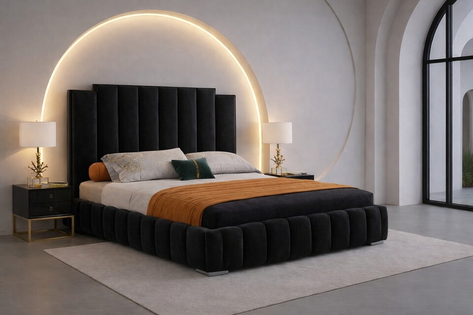 4ft Small Double Black Plush Velvet Tower Panel Bed Frame