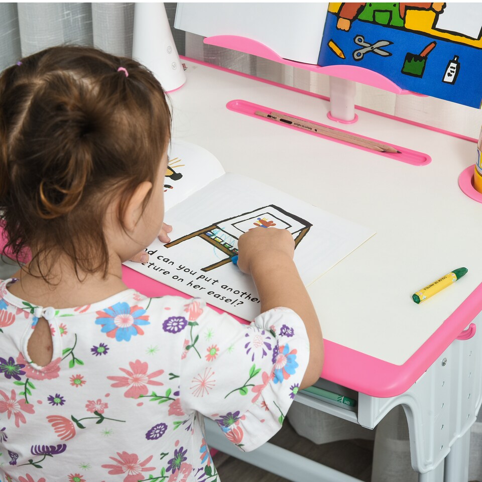 image 1 of HOMCOM Kids Desk and Chair Set with Drawer, Book Stand, Pen Slot