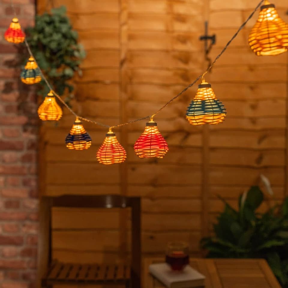 image 1 of ValueLights 10 x Battery Operated Outdoor Multi Coloured Rattan Garden String Lights