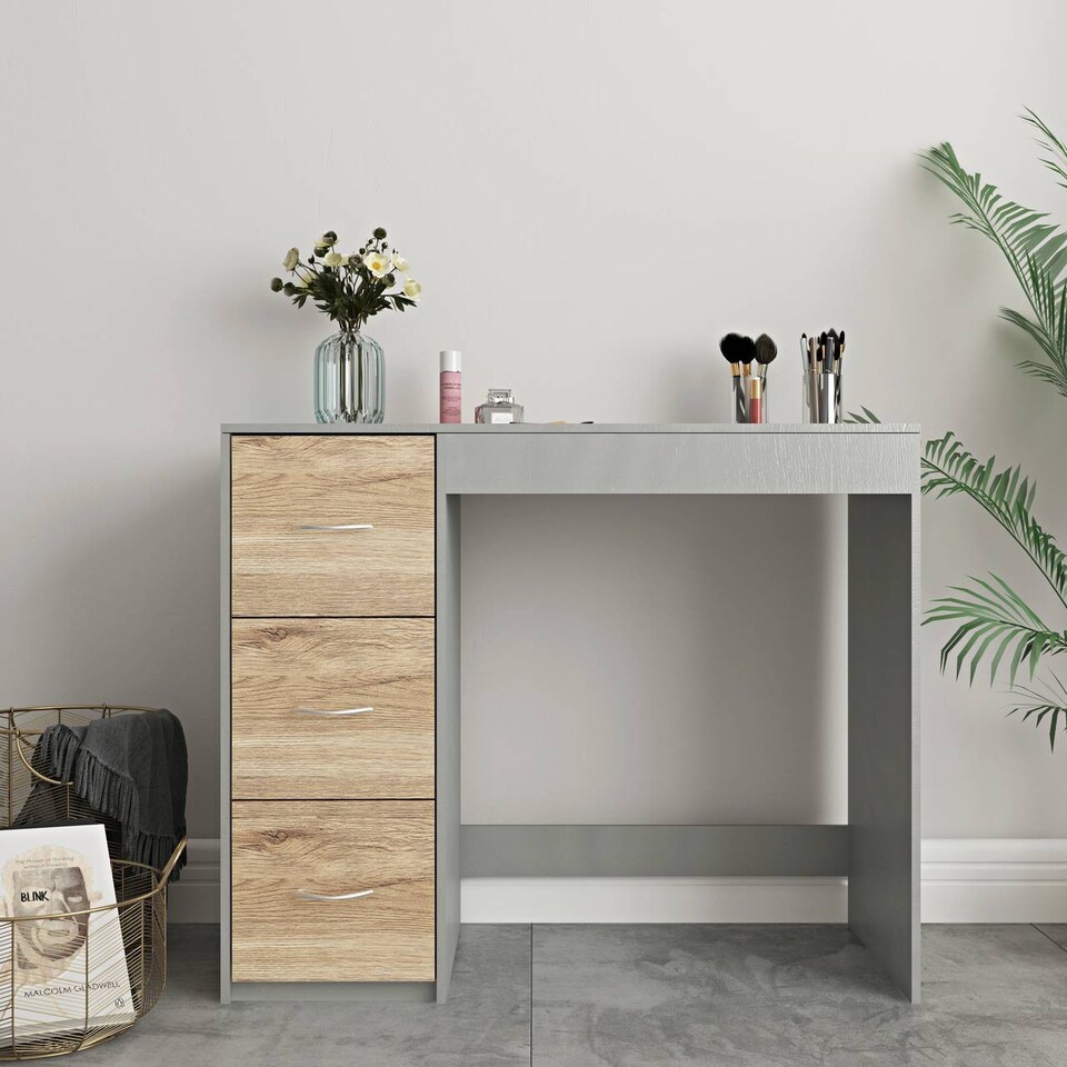 image 1 of 3-Drawer Wooden Desk and Dressing Table - Multi-Functional, 79.5x93x40 cm | Grey | Cool Grey & Oak | 22.5 x 43.5 x 98.5 | 1