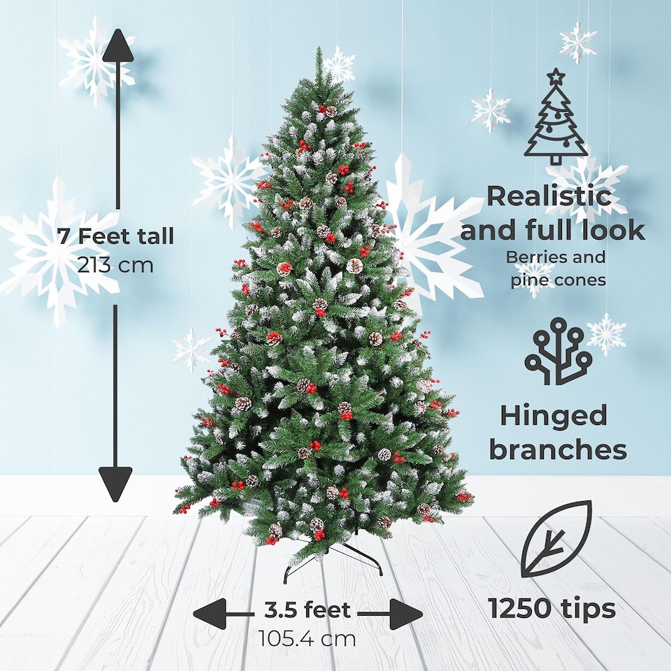 image 1 of Neo 2.1 m 7 ft Christmas Xmas Tree Flocked Snowy Effect Fake Pine Cone Red Berries Metal Stand Flocked Tips | Green