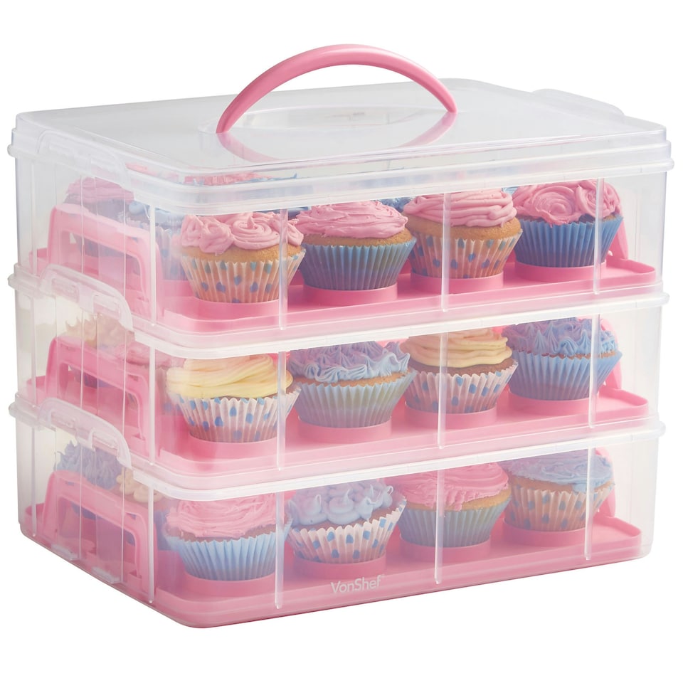 image 1 of VonShef Pink Cupcake Carrier w/ Handle 3 Tier Up to 36 Cakes