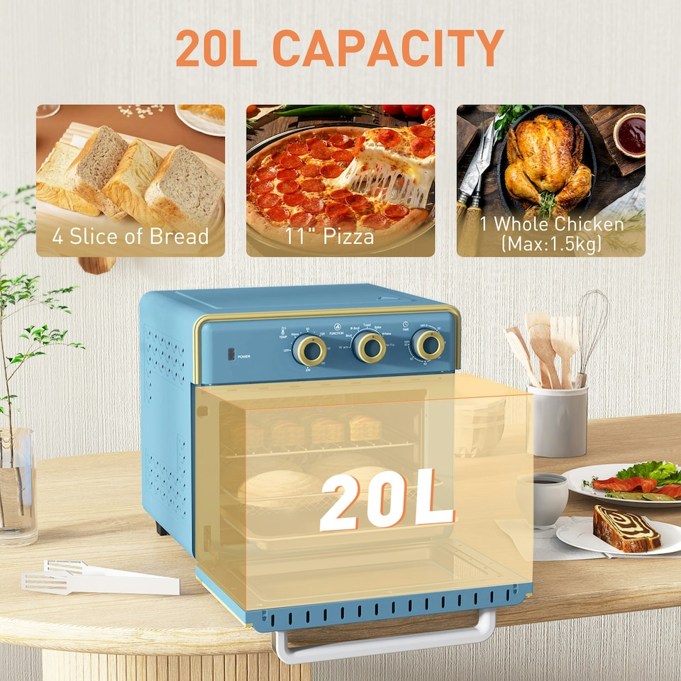 image 1 of HOMCOM 20L Mini Oven with Adjustable Temperature, 60 Min Time 1400W, Blue