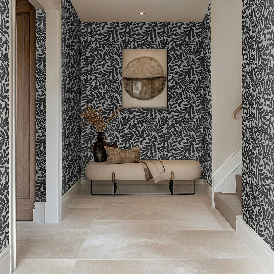 image 1 of Coral Leaf Wallpaper in Charcoal on White Multi