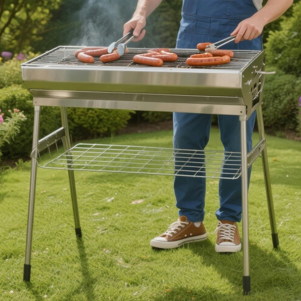image 1 of Portable BBQ Charcoal Barbecue Grill Folding Stainless Steel Stove Garden Picnic