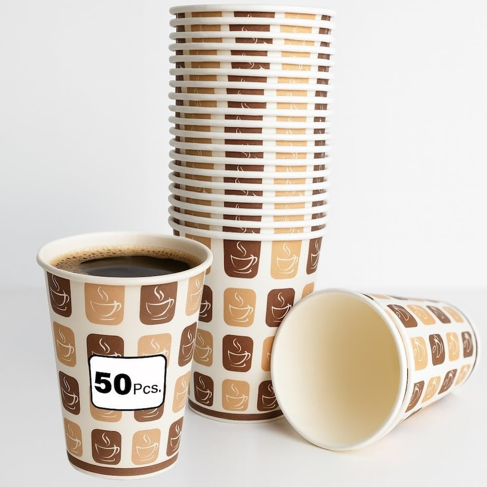image 1 of 50pc 8oz Hot Cold Printed Paper Cups Hot Cold Drinks Biodegradable BBQs Picnics Weddings