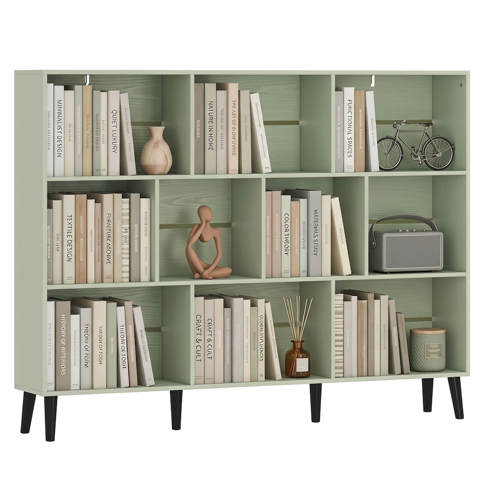 image 1 of HOMCOM 3-Tier Bookshelf with 10 Cubbies, Book Shelf with Wood Legs