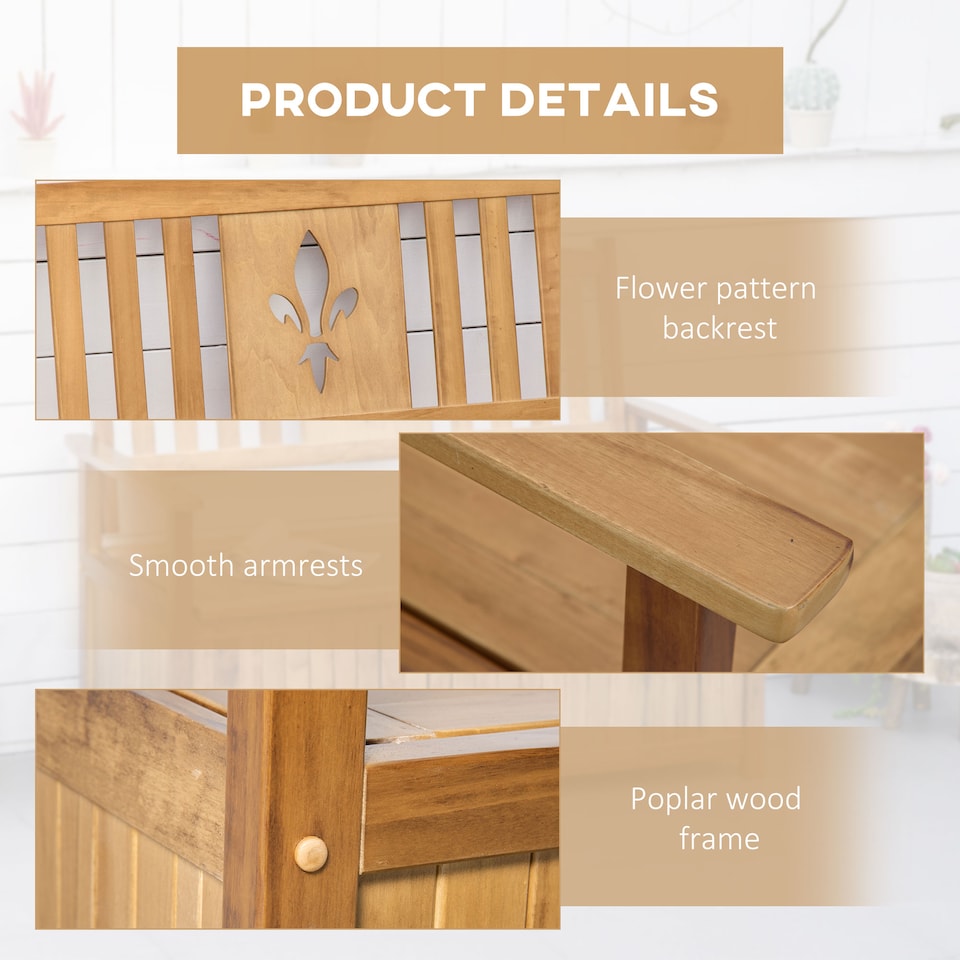 image 1 of Outsunny 2 Seater Garden Storage Bench, 164L Outdoor Storage Box with Backrest Flower Pattern, Wooden Garden Bench with Armrests, 125 x 68.5 x 97cm, Natural