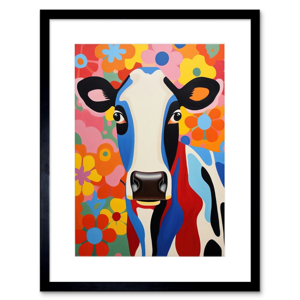 image 1 of Colourful Cow Portrait Bright Bold Floral Folk Art 9x7" Black Framed Wall Art Print