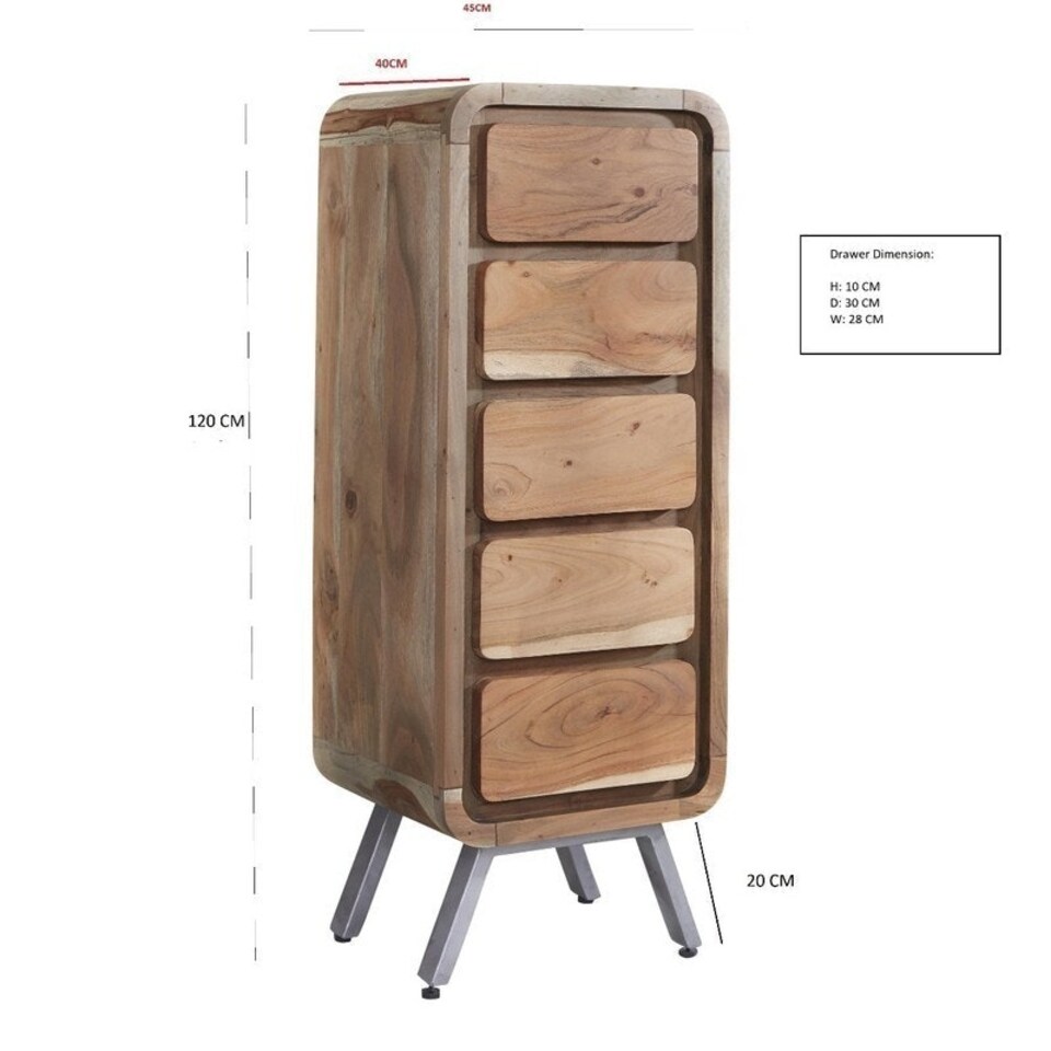 image 1 of Aspen 5 Drawer Tall Chest - Metal/Wood - L40 x W45 x H120 cm