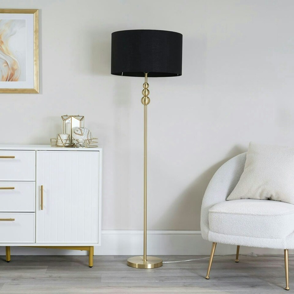 image 1 of ValueLights Marissa Black Fabric Drum Shade with Brushed Gold Stacked Ball Floor Lamp