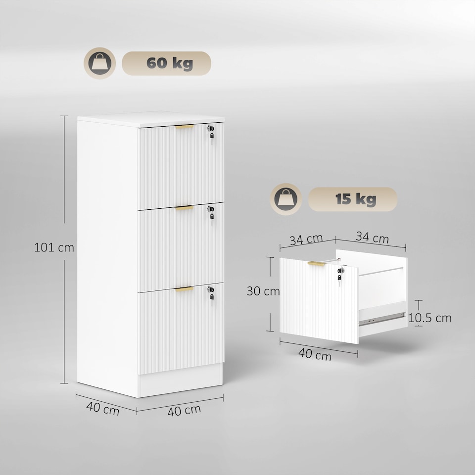 image 1 of Filing Cabinet, File Cabinet with 3 Lockable Drawers and Hanging Rails | White