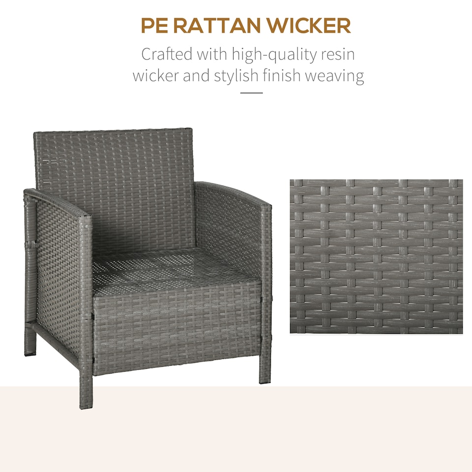 image 1 of Outsunny 3 Pieces Rattan Bistro Set, Wicker Garden Furniture Set, Glass Top 2 tier Coffee Table and Chairs Set with Pillows and Washable Cushions for Outdoor, Patio, Balcony, Light Grey