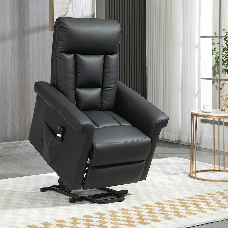 image 1 of HOMCOM Power Lift Chair, PU Leather Electric Recliner with Side Pocket, Black | Black | One Size