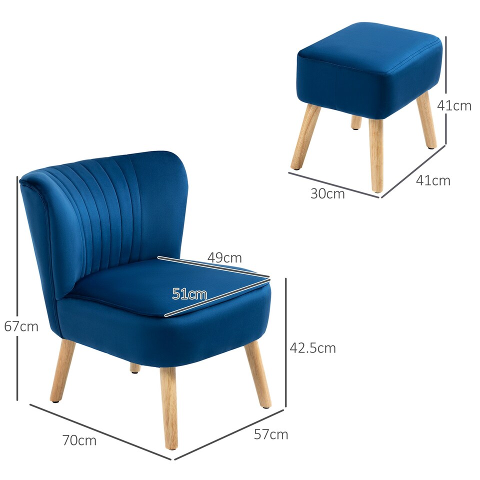 image 1 of HOMCOM Velvet-Feel Accent Chair w/ Ottoman Tub Seat Padding Wood Legs Dark Blue