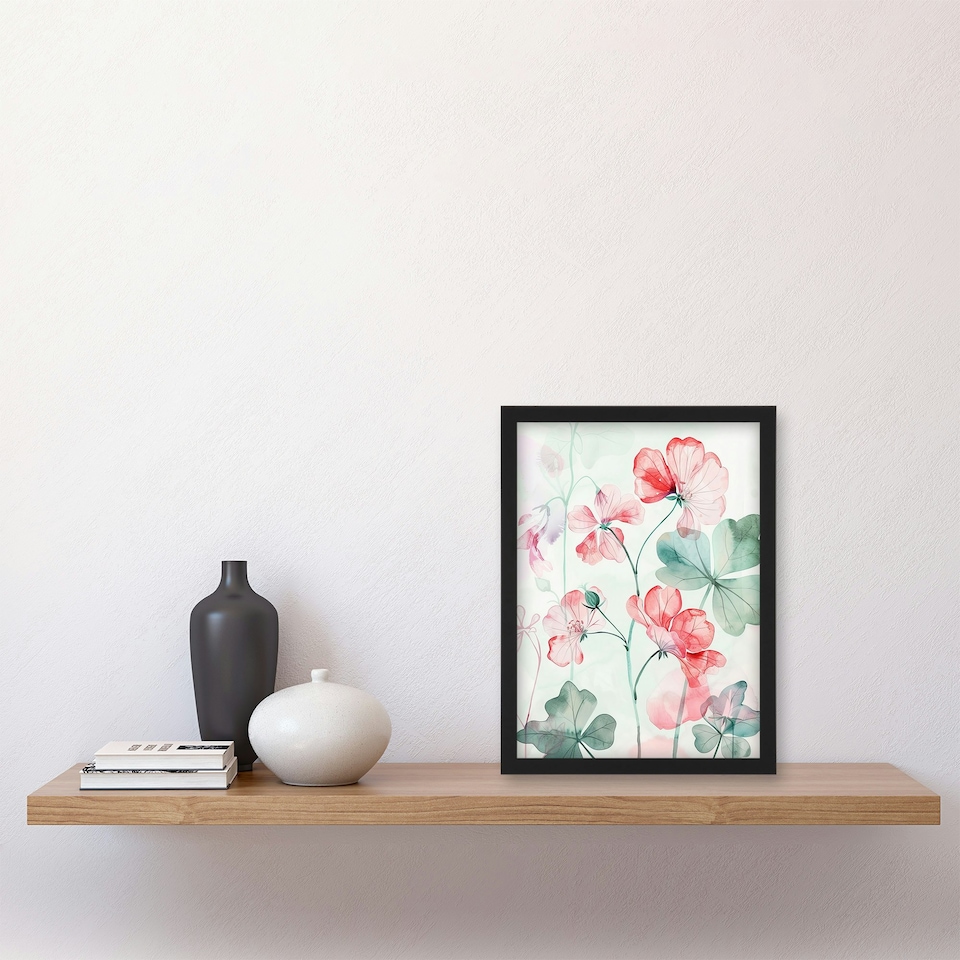 image 1 of Red Pastel Geranium Flowers Modern Home Decor Black Framed Wall Art Print A4