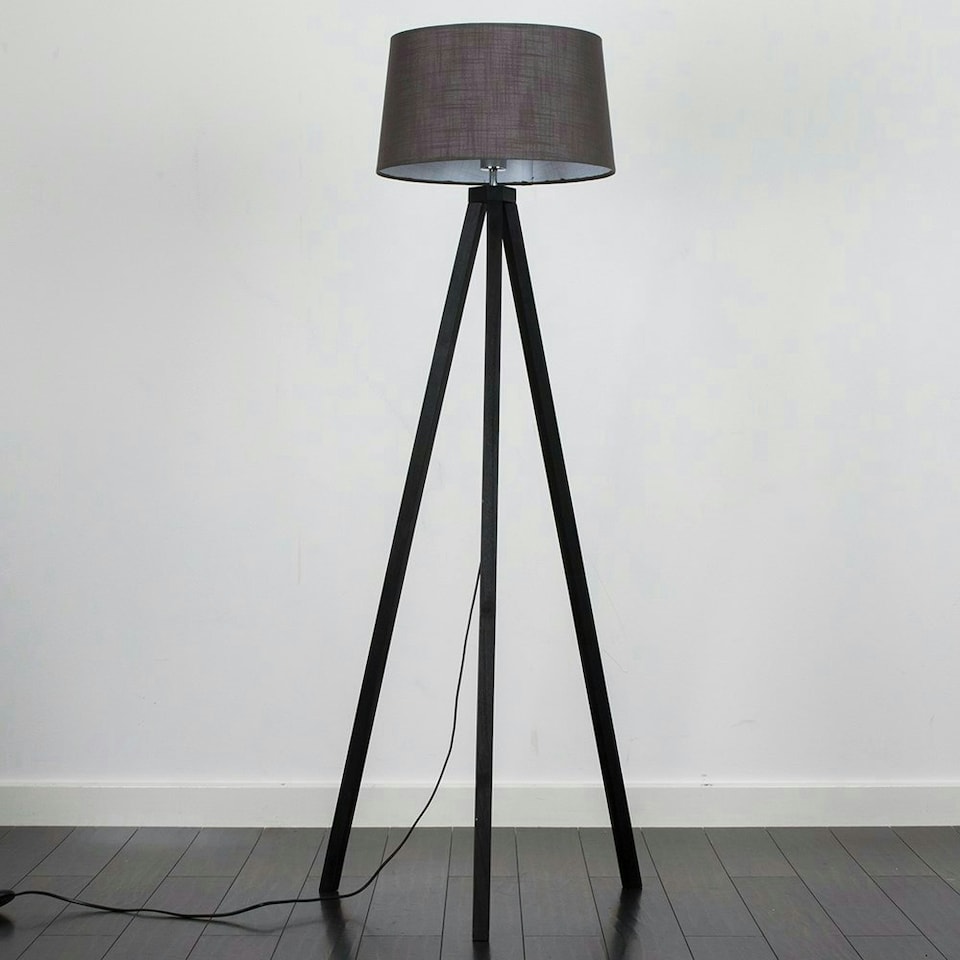 image 1 of ValueLights Modern Black Wood Tripod Floor Lamp With Grey Shade