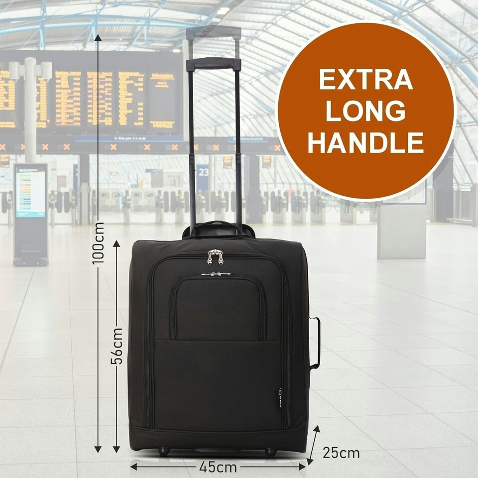 image 1 of 5 Cities 56x45x25 Trolley Bag EasyJet/British Airways/Jet2 Maximum Cabin Approved Carry On Suitcase 60L Capacity with 2 Wheels Lightweight Travel 2 YearWarranty Black | Black | Cabin Bag