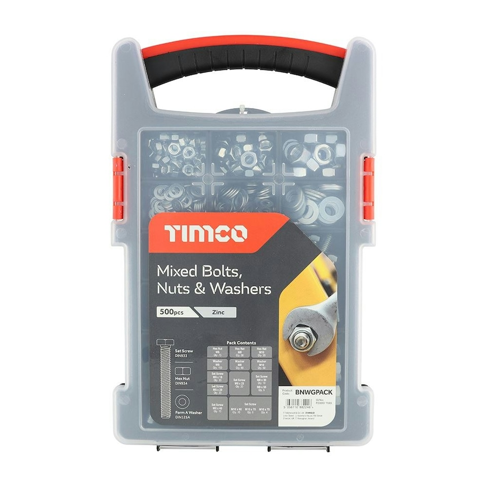 image 1 of Timco - Mixed Bolts, Nuts and Washers Grab Pack - Zinc (Size 500pcs - 500 Pieces)