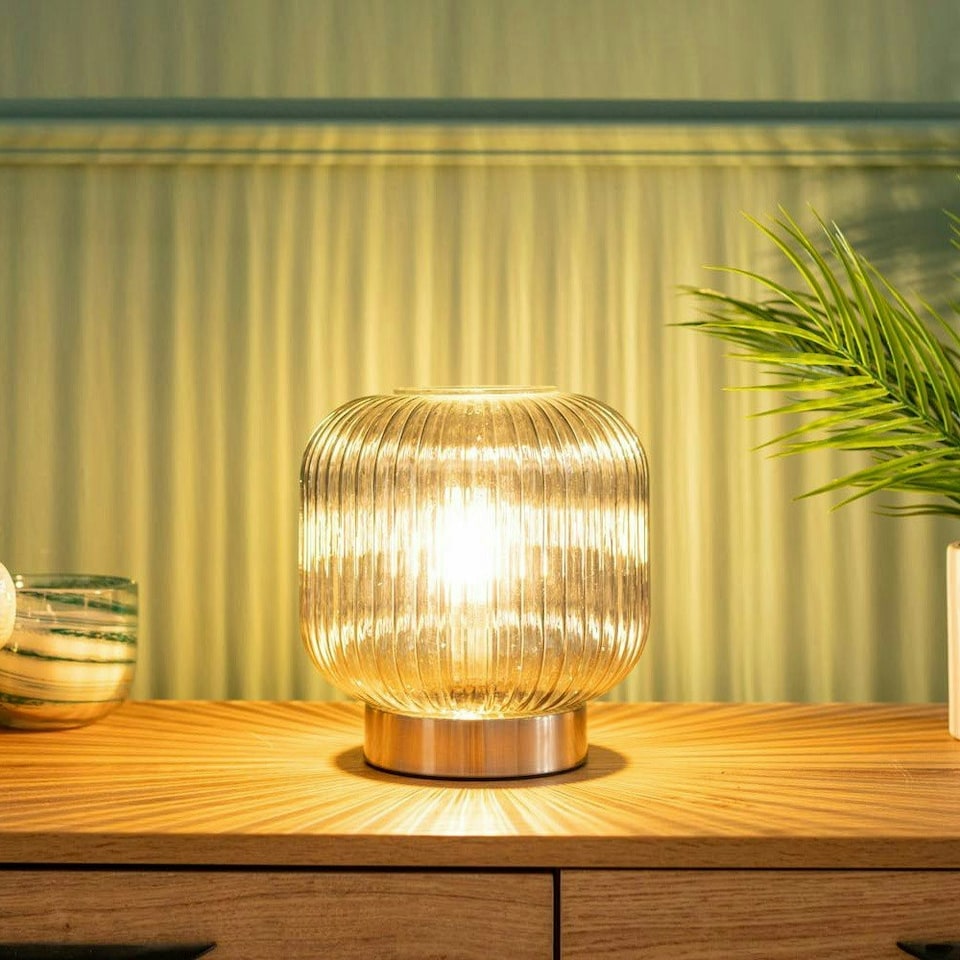 image 1 of ValueLights Monroe Smoked Grey Ribbed Glass Table Lamp
