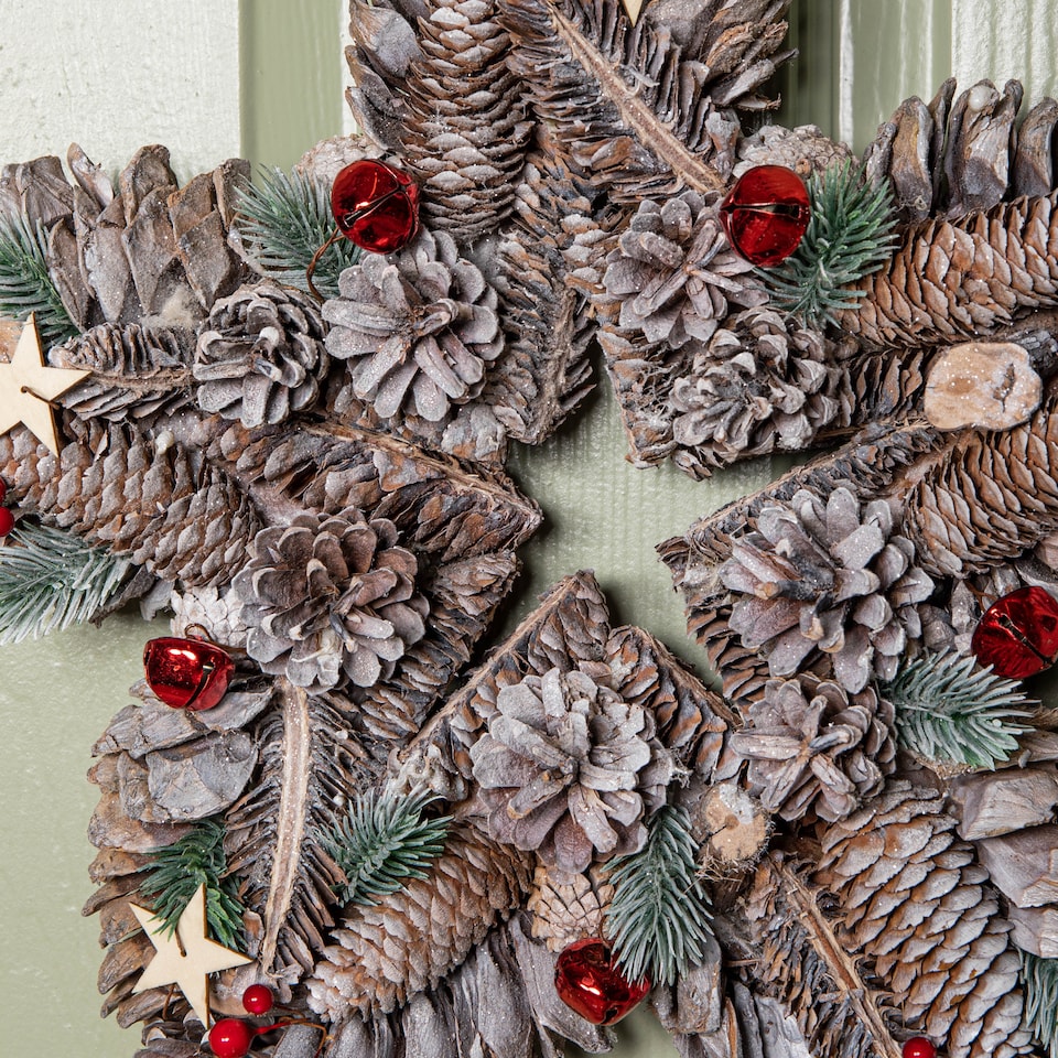 image 1 of 35cm Frosted Hanging Christmas Star Wreath with Red Jingle Bells & Wooden Stars