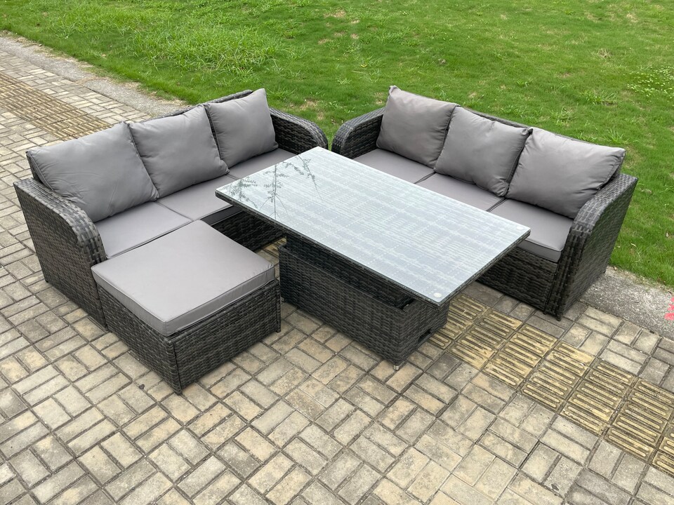 image 1 of Fimous Outdoor Rattan Garden Furniture Sets Height Adjustable Rising lifting Dining Table Sofa Set with Big Footstool Dark Grey Mixed